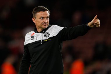 Paul Heckingbottom manager of Sheffield United applauds fans after the game