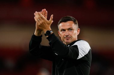 Paul Heckingbottom manager of Sheffield United applauds fans after the game