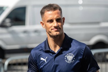 Jerry Yates #9 of Blackpool arrives at Turf Moor, Home of Burnley