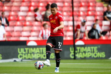 John Egan #12 of Sheffield United warms up before the game