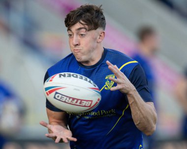 Matty Ashton #5 of Warrington Wolves during the pre match warm up 