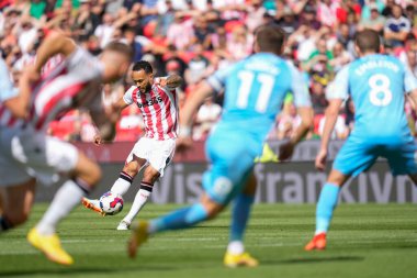 Lewis Baker #8 of Stoke City  drives a free kick into the Sunderland box