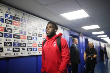 Orel Mangala Of Nottingham Forest arrives at Goodison Park for their match versus Everton