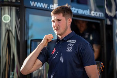 Riley Dean #27 of Warrington Wolves arrives at Headingley Stadium ahead of tonight's game 