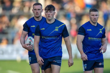 Matty Ashton #5 of Warrington Wolves during the pre match warm up 