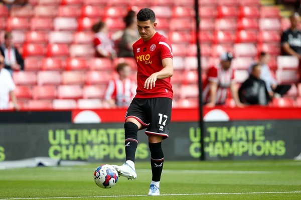 John Egan #12 of Sheffield United warms up before the game