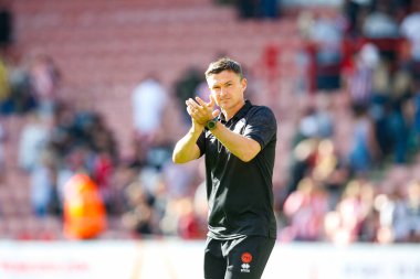 Paul Heckingbottom manager of Sheffield United applauds fans after the game
