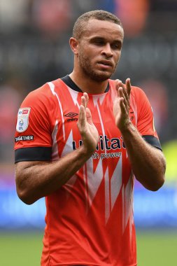 Carlton Morris #9 of Luton Town Applauds the travelling supporters