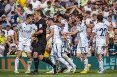 Rodrigo Moreno #19 of Leeds United celebrates his goal and makes the score 2-0 during the first half 