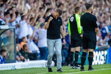 Jesse Marsch manager of Leeds United pumps his fist and celebrates the victory over Chelsea 3-0 