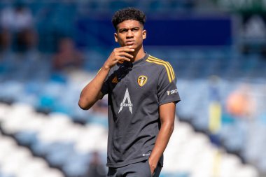 Cody Drameh #37 of Leeds United arrives at Elland Road Stadium ahead of this afternoon's game 