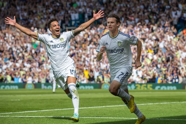Brenden Aaronson #7 of Leeds United celebrates his goal with Rodrigo Moreno and makes the score 1-0 