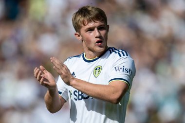 Joe Gelhardt #30 of Leeds United claps his hands and applauds the supporters at full-time after beating Chelsea 3-0