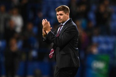 Steven Gerrard manager of Aston Villa applauds the fans at the end of the game