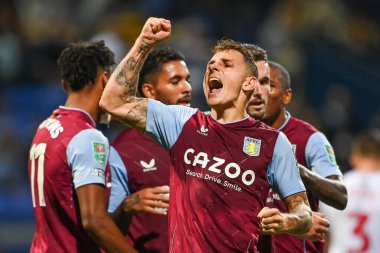 Lucas Digne #27 of Aston Villa  celebrates his goal to make it 1-3
