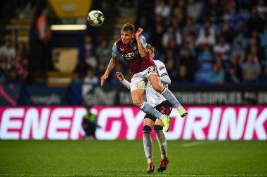 Lucas Digne #27 of Aston Villa with the defensive header