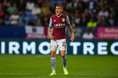 Lucas Digne #27 of Aston Villa gives his team instructions during the pre-game warmup