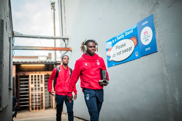 Alex Mighten #17 of Nottingham Forest arrives at Blundell Park