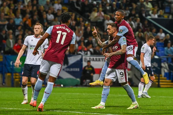Danny Ings #9 of Aston Villa  celebrates his goal from the penalty spot to make the score 1-2
