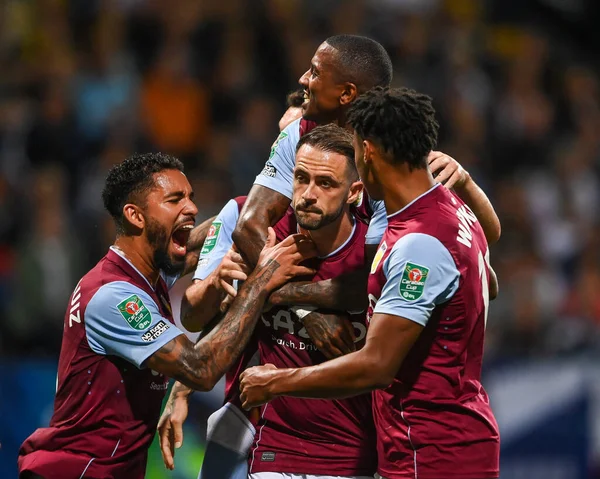 Danny Ings #9 of Aston Villa  celebrates his goal from the penalty spot to make the score 1-2