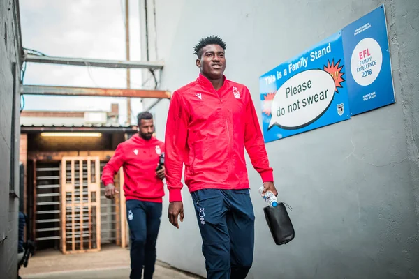 Taiwo Awoniyi #9 of Nottingham Forest arrives at Blundell Park