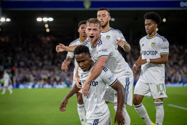 Luis Sinisterra #23 of Leeds United celebrates his goal and makes the score 1-0 during the first half 