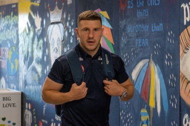 George Williams #7 of Warrington Wolves arrives at  The Halliwell Jones Stadium
