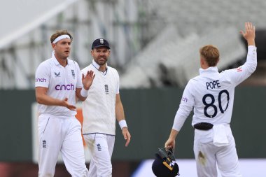 Stuart Broad of England takes the wicket of Keegan Petersen of South Africa 