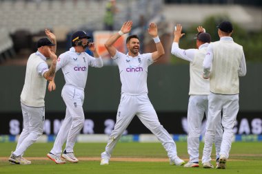 James Anderson of England celebrates after taking the wicket of Sarel Erwee of South Africa 