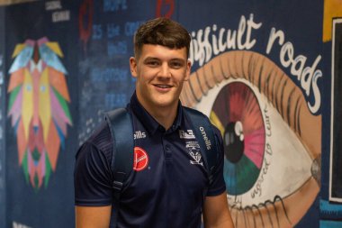 Josh Thewlis #22 of Warrington Wolves arrives at  The Halliwell Jones Stadium