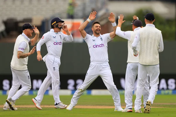 James Anderson of England celebrates after taking the wicket of Sarel Erwee of South Africa 