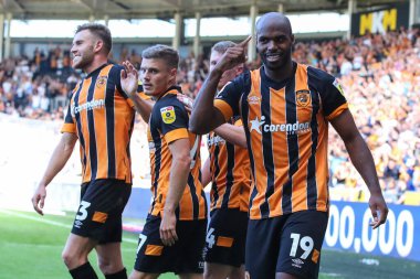 Oscar Estupin #19 of Hull City celebrates his hat-trick goal to make it 3-1