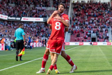 Riley McGree #8 of Middlesbrough celebrates his goal with team mate Matt Crooks during the first half 