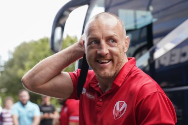James Roby #9 of St Helens arrives at the DW Stadium before the game 