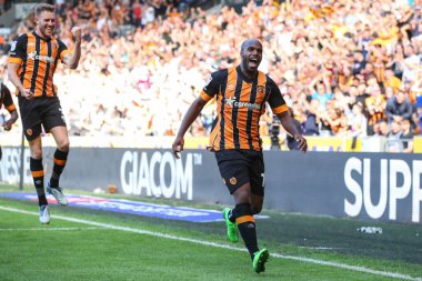 Oscar Estupin #19 of Hull City celebrates his hat-trick goal to make it 3-1