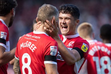 Ryan Giles #3 of Middlesbrough celebrates the opening goal scored by Riley McGree, making it 1-0 in the first half 
