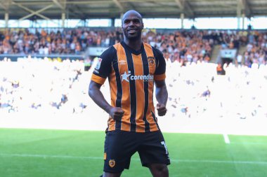 Oscar Estupin #19 of Hull City celebrates his hat-trick goal to make it 3-1 