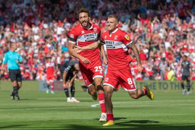 Riley McGree #8 of Middlesbrough celebrates his goal and makes the score 1-0 during the first half 