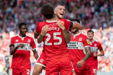 Riley McGree #8 of Middlesbrough celebrates the second goal scored by Matt Crooks and making the score 2-0 during the first half 