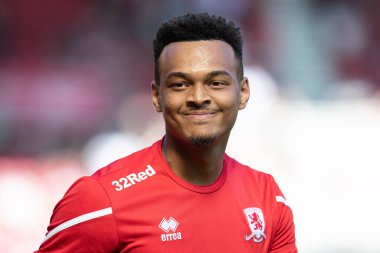 New signing Rodrigo Muniz #9 of Middlesbrough shares a joke with his new team mate during the pre match warm up 