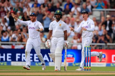 Jonny Bairstow and Zac Crawley of England celebrate the dismissal of Keegan Petersen of South Africa for 42 runs
