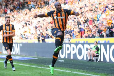 Oscar Estupin #19 of Hull City celebrates his hat-trick goal to make it 3-1