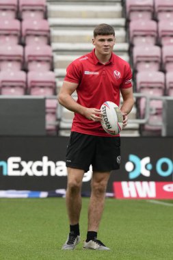 Jack Welsby #1 of St Helens inspects the pitch before the game 
