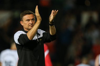 Paul Heckingbottom manager of Sheffield United acknowledges the fans at the final whistle 