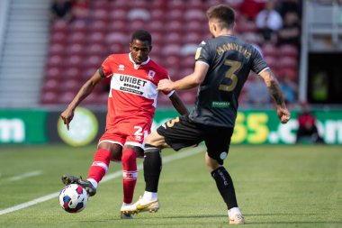 Isaiah Jones #2 of Middlesbrough passes the ball but is blocked by Ryan Manning #3 of Swansea City 