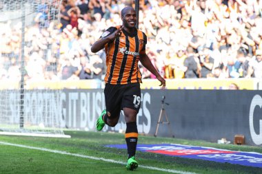 Oscar Estupin #19 of Hull City celebrates his hat-trick goal to make it 3-1