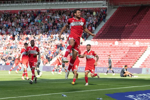Matt Crooks #25 of Middlesbrough jumps up and pumps his fist to the fans in celebration of his goal making it 2-0 during the first half 