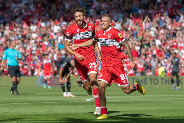 Riley McGree #8 of Middlesbrough celebrates his goal and makes the score 1-0 during the first half 