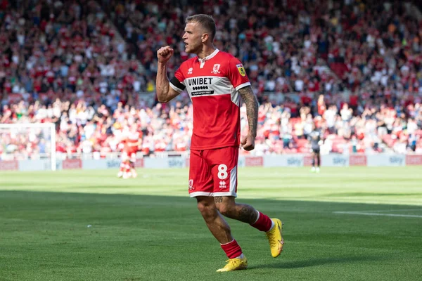 Riley McGree #8 of Middlesbrough celebrates his goal and makes the score 1-0 during the first half 