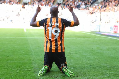 Oscar Estupin #19 of Hull City celebrates his hat-trick goal to make it 3-1 